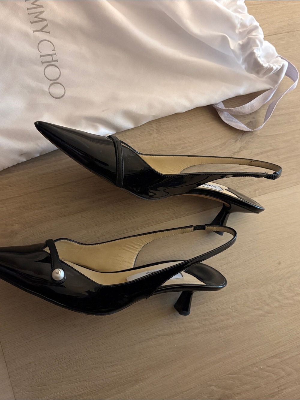 Jimmy Choo Black Patent Leather Pointed Slingback Pumps with Pearl Accent - Picture 2 of 9